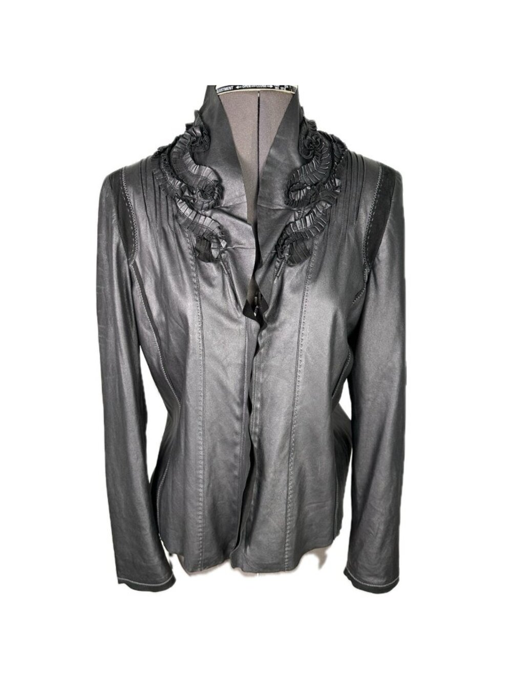 Eli Tahari Lamb Leather Jacket Black Ruffle Women’s Size S